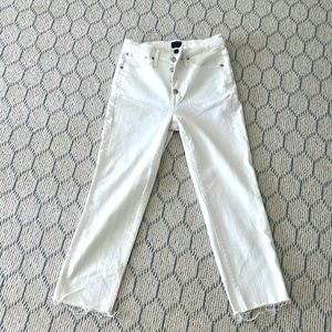JCREW High-Rise Vintage Straight Jean. 27 Petite. Button Fly. Frayed hem. 32”